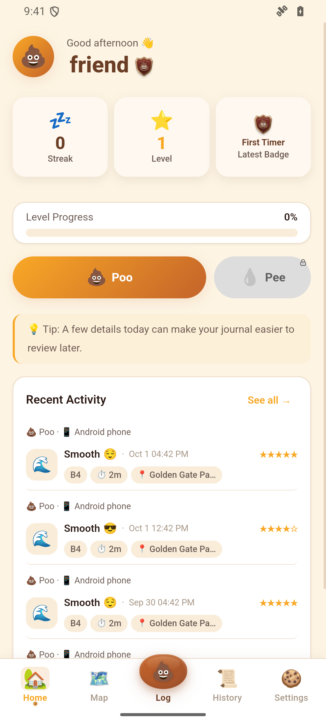 Diaroo Warm journal on Android with synthetic sample entries and a free Poo button