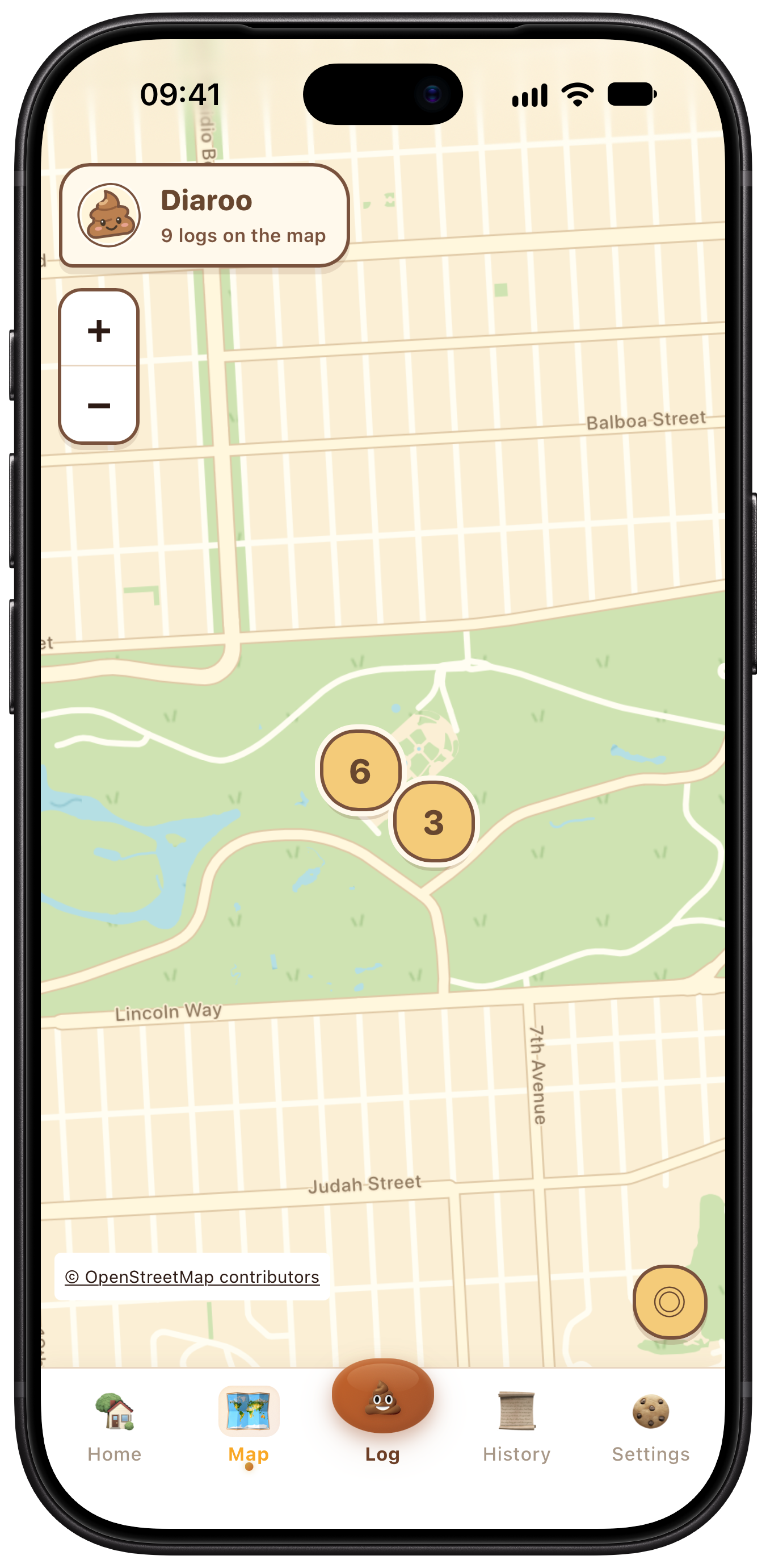 Diaroo map on iPhone with sample saved places