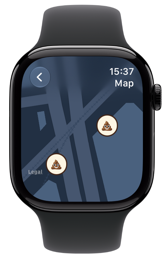 Diaroo map on Apple Watch with sample saved places