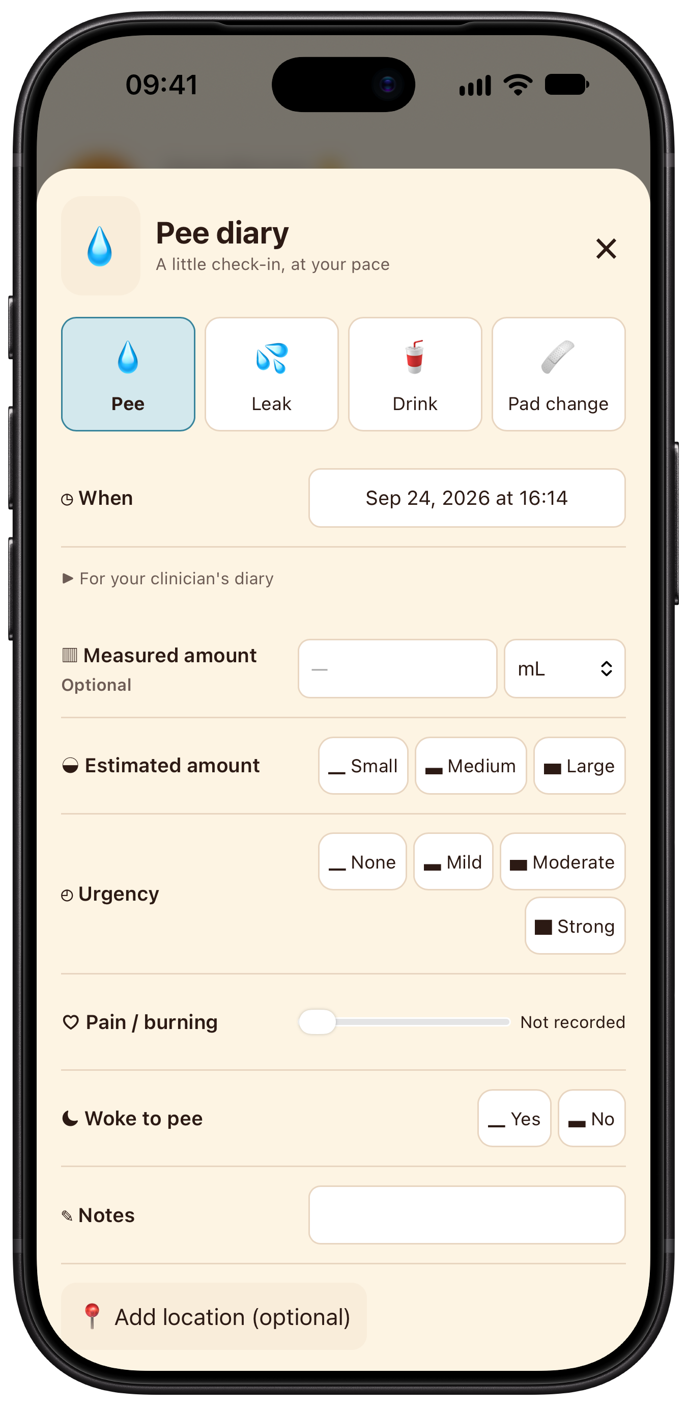 The Premium bladder entry form in Diaroo on iPhone, with event types and measured or estimated amounts.