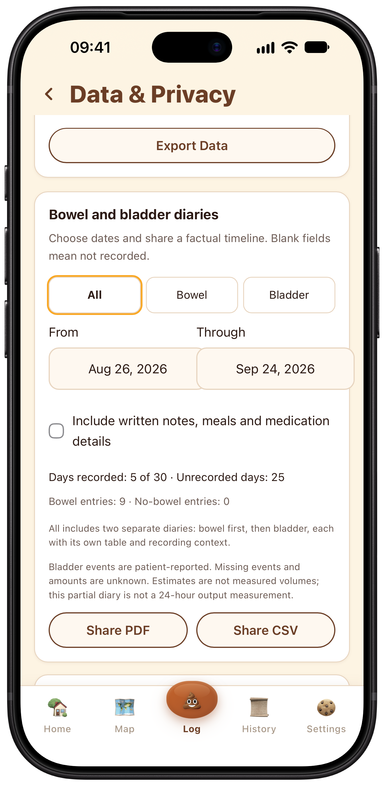 Diaroo Manage your data on iPhone with Premium report options, record selection and date-range controls.